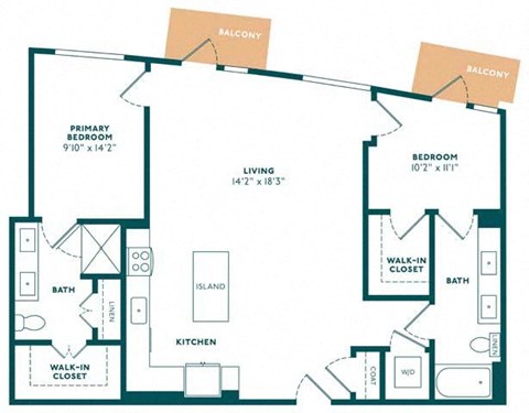 Floor plan for 2 beds, 2 baths, 1173 sqft